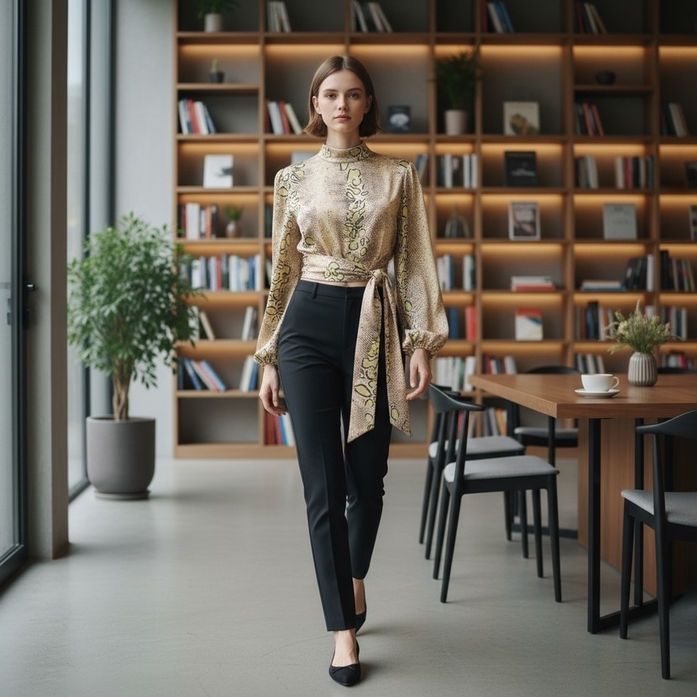 Animal Print Long Sleeve Halter Blouse